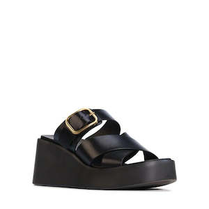 Eos: EOS Aris Womens Black Leather Wedge Dressy Slide