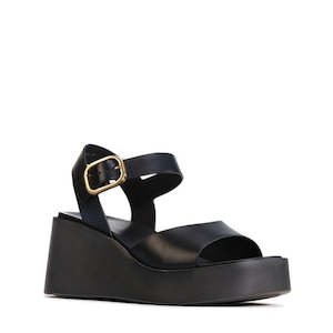 Eos: EOS Ariya Black Leather Dressy Wedge Platform Sandal with Ankle Strap