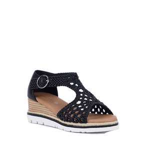 Wedges And Heels: Bay Lane Rumor Black Womens Woven Leather Wedge Sandal