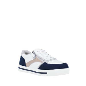 Flats: Bay Lane Noosa White Navy Womens Leather Zip Sneaker