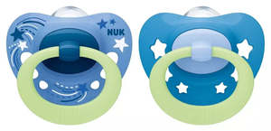 Bottles Feeding Etc: NUK Signature 6-18 months Night Soothers 2pk Assorted