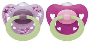 Bottles Feeding Etc: NUK Signature 0-6 months Night Soothers 2pk Assorted