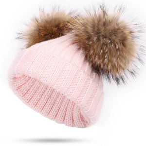 Knitted Acrylic Hat with Fur Pom Pom
