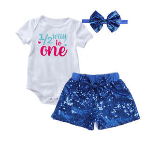 Short Pant Romper Set: 1/2 Birthday Baby Girl Sparkle Short Pant & Romper Set | Blue