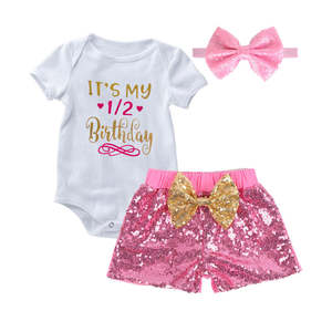 1/2 Birthday Baby Girl Sparkle Short Pant & Romper Set | Pink