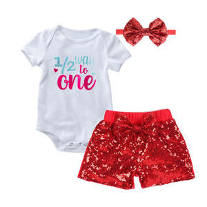 Short Pant Romper Set: 1/2 Way to One Baby Girl Sparkle Short Pant & Romper Set | Red