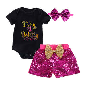 Short Pant Romper Set: 1st Birthday Baby Girl Sparkle Pink Short Pant & Black Romper Set