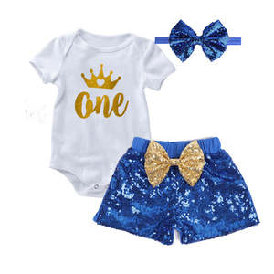 1st Birthday Baby Girl Sparkle Short Pant & Romper Set | Blue