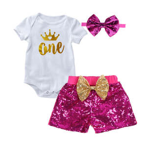 1st Birthday Baby Girl Sparkle Short Pant & Romper Set | Dark Pink