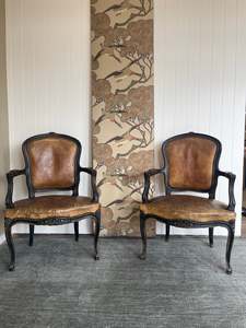 Pair Antique French Leather Louis Chairs