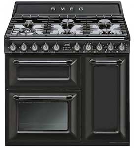 Smeg: Smeg 90cm 6 Burner Dual Fuel Freestanding Oven Black Enamel Finish - TRA93BL - Kitchen Things