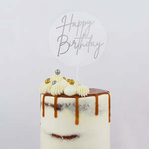 Gobake: Round Circle Layered clear topper with Silver HAPPY BIRTHDAY Acrylic economy topper