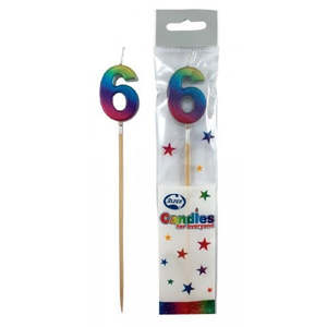 Letter Numeral Candles: Long wooden pick candle Number 6 Metallic Rainbow