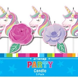 Childrens Candles: Pretty unicorn and flowers 5 pick candle set