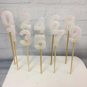 Long wooden pick candle Number 6 Pearl White irridescent Glitter