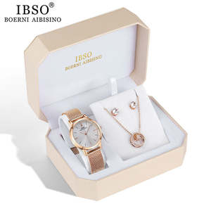 Watches: Top Brand Women Luxury Rose Gold Watch Earrings Necklace Set