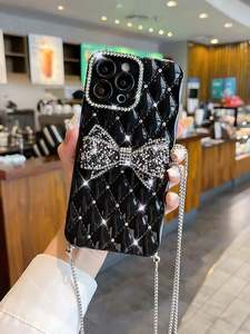 Mobile Cases Screen Protectors: iPhone 13promax Rhinestone Bow Phone Case with Lanyard