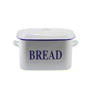 Bread Making Supplies: Falcon Enamel Bread Bin - White with Blue Rim