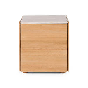 Cube Oak Bed side Table - Natural with Travertine Top