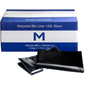 FP Recycled Bin Liner 120L, Black 30mu - Box of 200 - Kiwi Hygiene Supplies