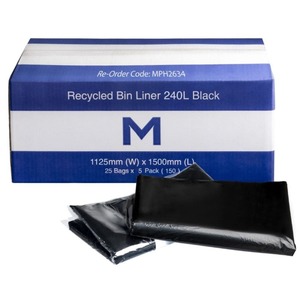 FP Recycled Bin Liner 240L, Black 40mu - Box of 125 - Kiwi Hygiene Supplies
