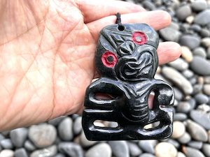 Greenstone Hei Tiki: Large Greenstone Maori Tiki with Red Wax-Sealed Eyes Greenstone Toggle on Cord