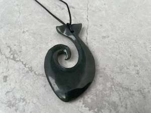Greenstone Nephrite Jade Hei Matau Fish Hook with Whale Tail Pendant – 55mm, S&hellip;