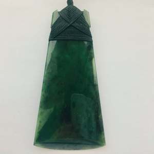 Greenstone: Lashed Greenstone  Pendant Top Grade Nephrite Jade Maori Toki 70mm