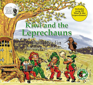 Book: ‘KIWI AND THE LEPRECHAUNS’ BOOK and ‘SING-ALONG-SONG’ on CD written by Erin Devlin and Illustrated by Greg O’Donnell.  Very catchy song by vocalist Mark Jensen.  Music by  Greg O’Donnell and Keith Prictor of New Frontier Records.