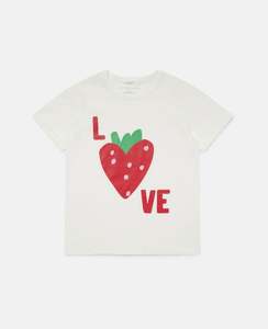 T Shirts: Love Strawberry Print Organic T-Shirt in Milk White