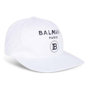 Balmain: BALMAIN LOGO PRINT CANVAS BASEBALL CAP WHITE