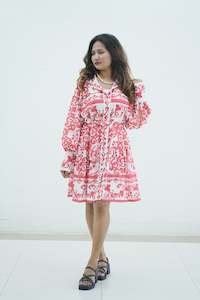 Frontpage: Floral Midi Dress w Stand Collar Red & White