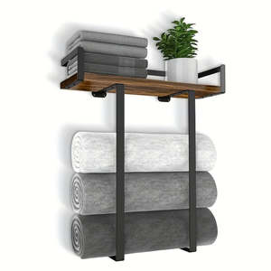 Bedroom Storage: Wall Mounted Towel Rack with Wood Shelf