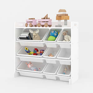 Toy Storage Shelf with 9 Bins _ Wooden Organizer for Books, Toys