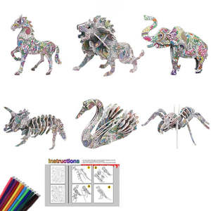 3D Coloring Puzzle Set 6Pack Puzzles with 24 Pen Markers-TypeC