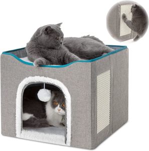 Cat Cave for Pet Cat House with Hanging Ball and Scratch Pad-Gray