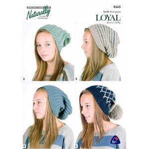 Naturally: K665 Slouchy hats with optional Pompom Pattern in Aran / 10Ply