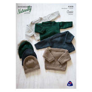 Patterns Baby 8ply: K3038 Crew Neck or Boat Neck Sweater & Hat