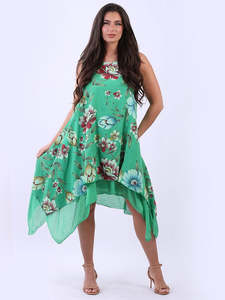 LILLIANO - Italian Linen Floral Dress (Green)