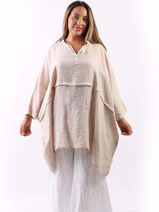 Lilliano: LILLIANO - Made In Italy Plain Linen Plus Size Batwing Lagenlook Top