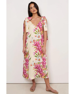 Adorne: Adorne - Hallie Tie Shoulder Linen Dress (Print)