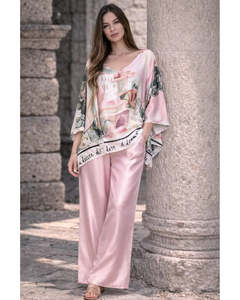 LILLIANO - Italian Silk/Satin Landscape Print Top (Pink) OS