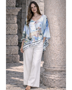 LILLIANO - Italian Silk/Satin Landscape Print Top (Blue) OS