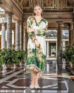Lilliano: Lilliano - Italian Floral Tropical V-Neck Dress (Beige) OS