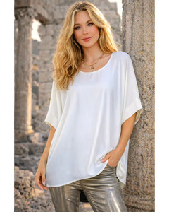 Blouses: LILLIANO - Italian Satin Batwing Top (Off White)