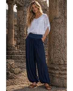 Lilliano -  Silk and viscose pant - Gathered hem and loose fit .  (Navy)