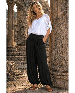 Lilliano -  Silk  and viscose pant  - Gathered hem , Loose fit.  (Black)