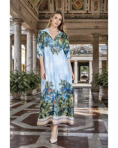 LILLIANO - Italian Silk Satin Floral Print Dress (Blue)