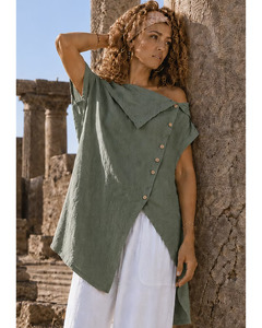 LILLIANO - Italian Waterfall collar Sleeveless Linen Tunic (Khaki)