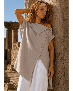 LILLIANO - Italian Waterfall collar Sleeveless Linen Tunic (Taupe)